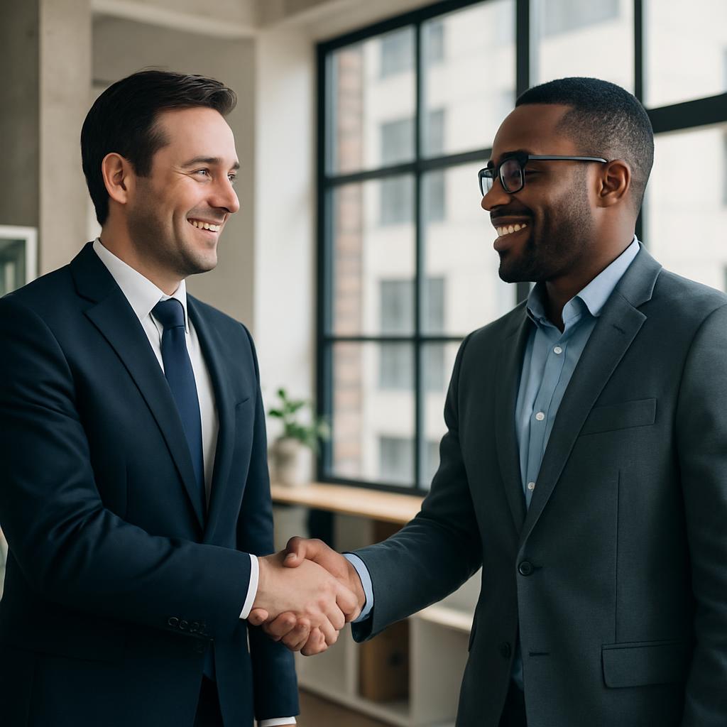 Dois homens firmam um acordo em um escritório.