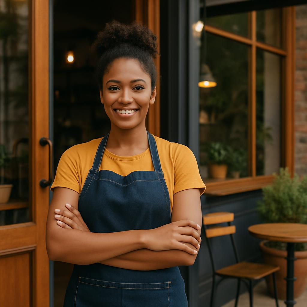 A young woman in modern attire, standing in front of a coffee shop or cafe, arms crossed and smiling at the camera. She is...